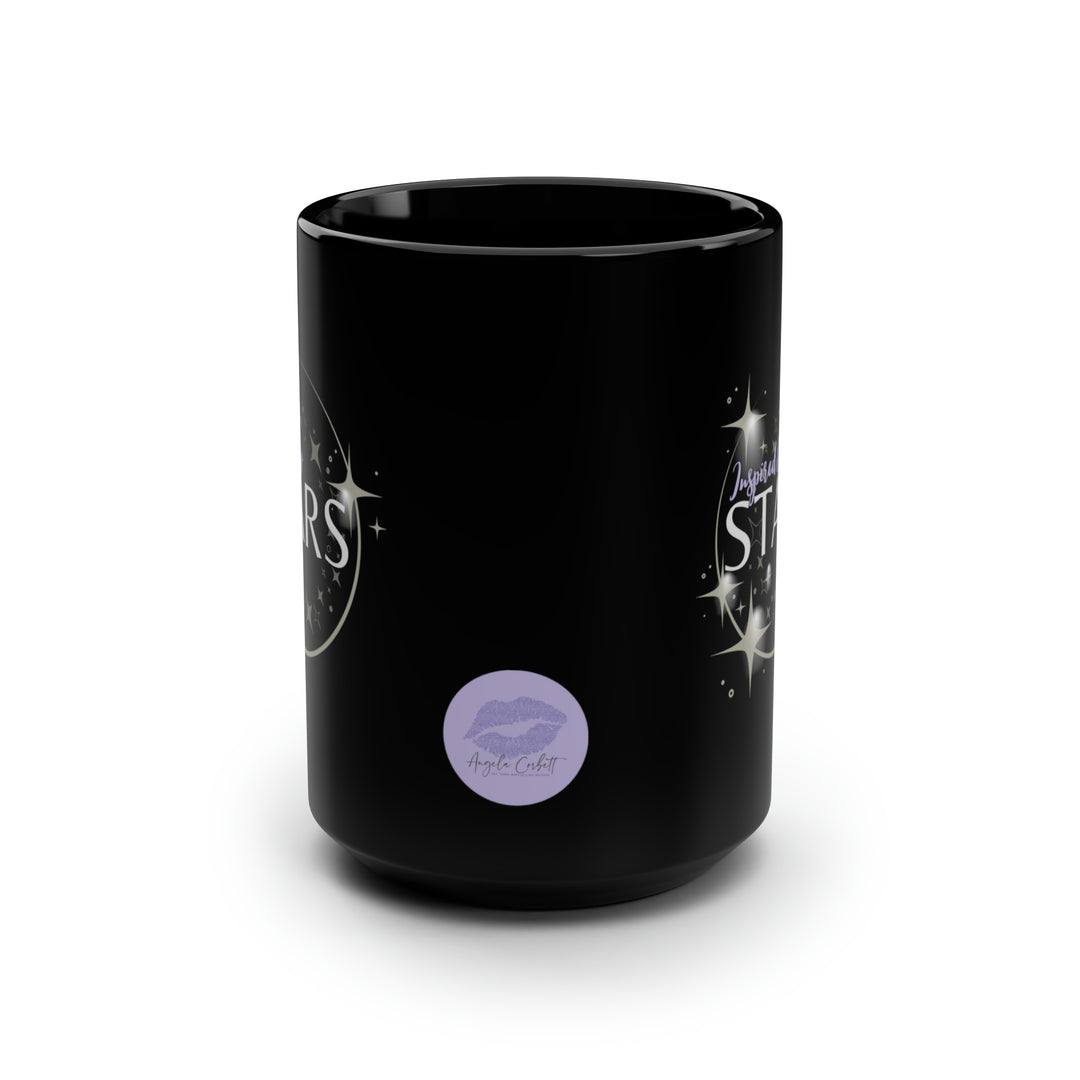 A black ceramic mug with a glossy finish, featuring a design with stars and the text &