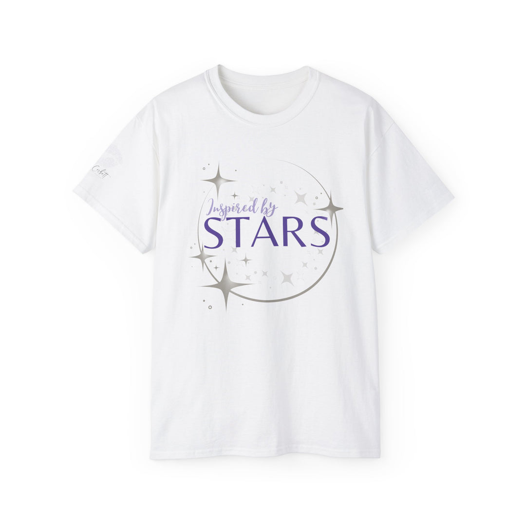A white crew neck T-shirt with the phrase 'INSPIRED BY STARS' printed on the front.