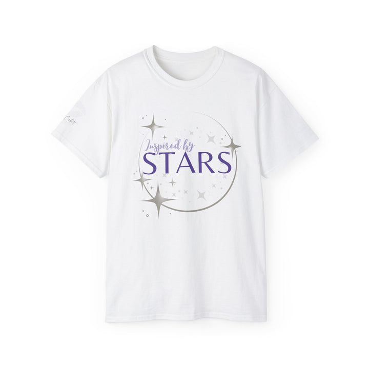 A white crew neck T-shirt with the phrase &