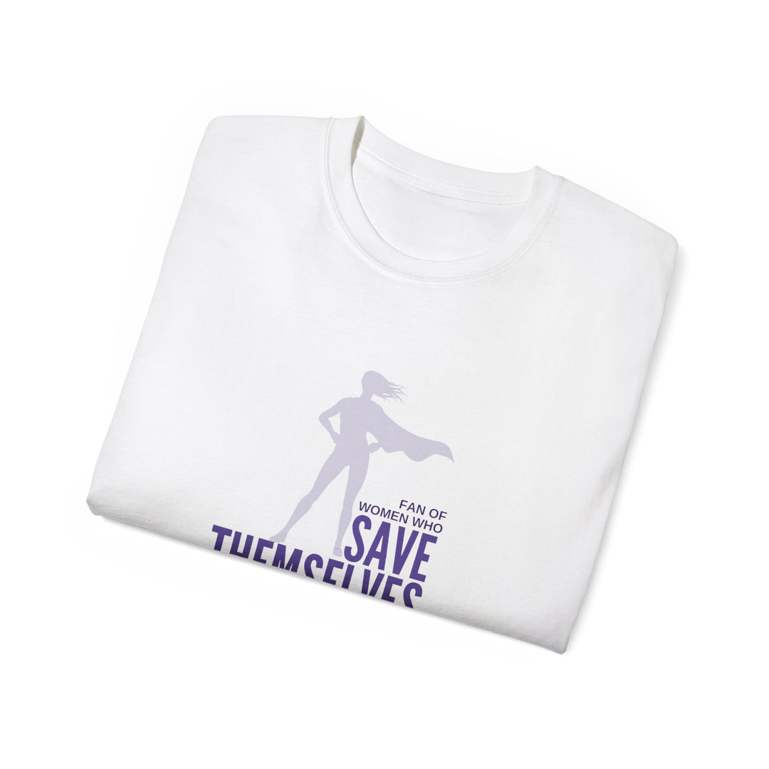 White crew neck t-shirt with a graphic and the text &
