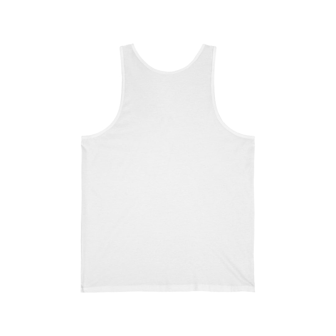A white unisex jersey tank top with a graphic print of beans and the text &
