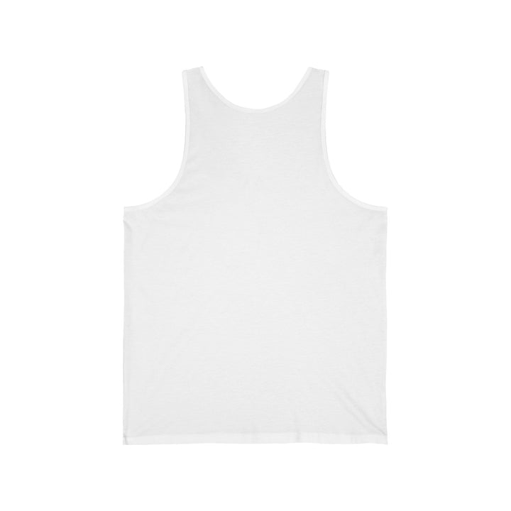 A white unisex jersey tank top with a graphic print of beans and the text &