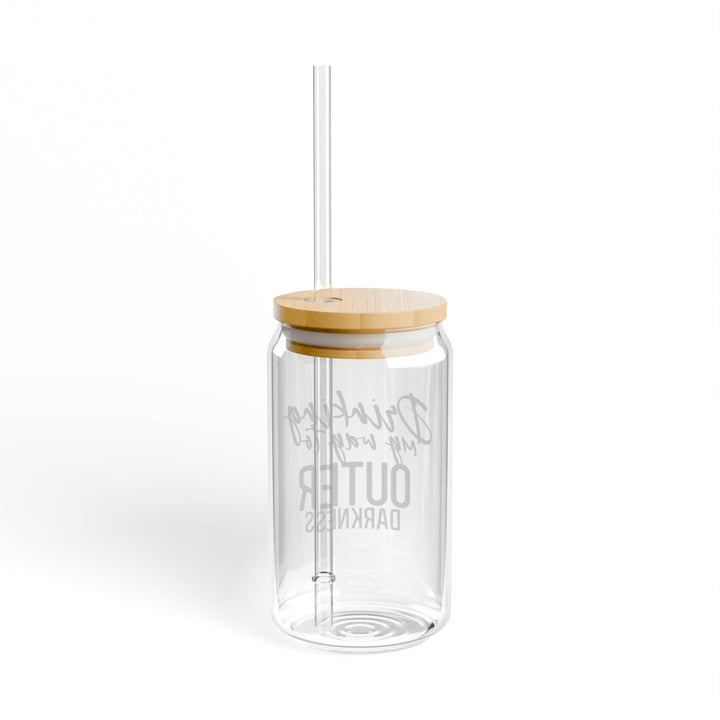 A clear tempered glass sipper with a bamboo lid and a plastic straw, featuring text that reads &
