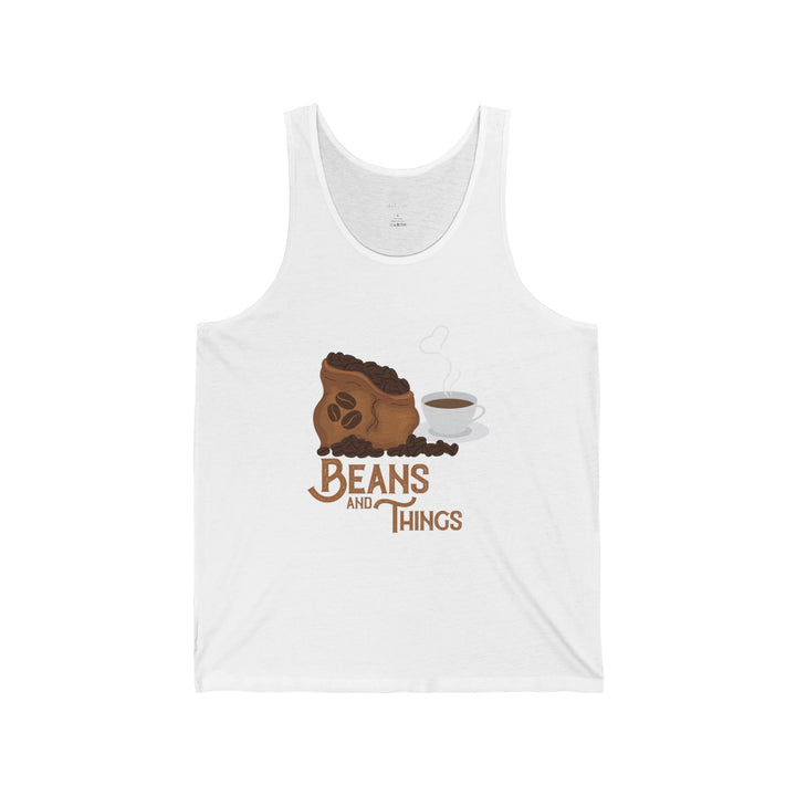 A white unisex jersey tank top with a graphic print of beans and the text &