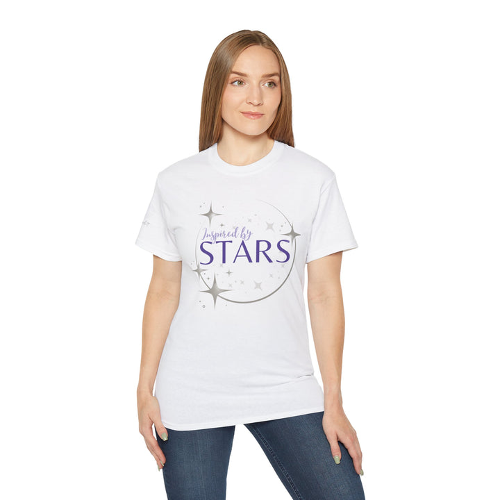 A white crew neck T-shirt with the phrase &