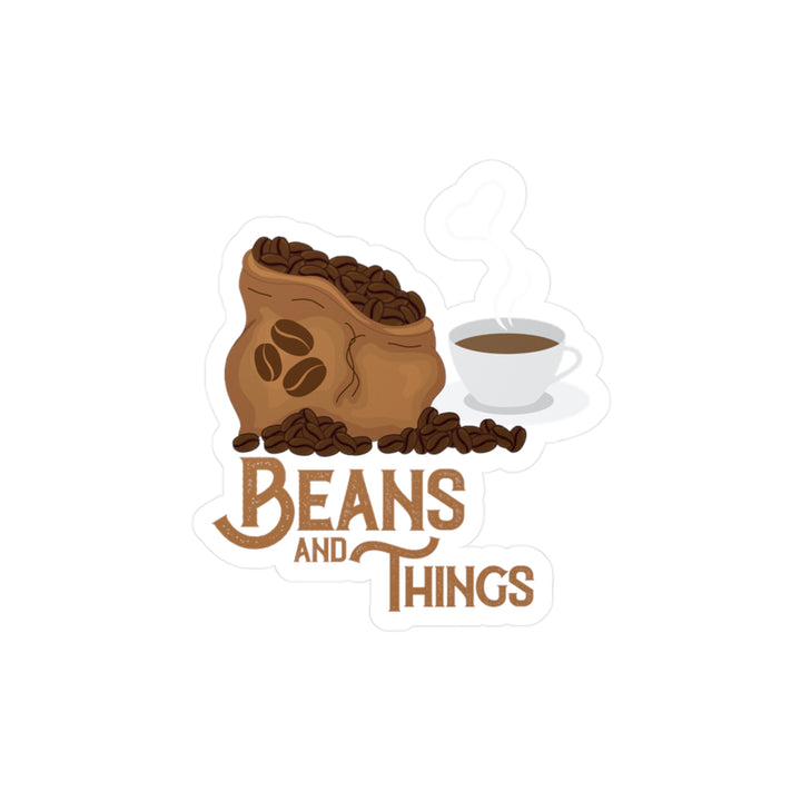 A sticker with an illustration of a cup of coffee and the text &