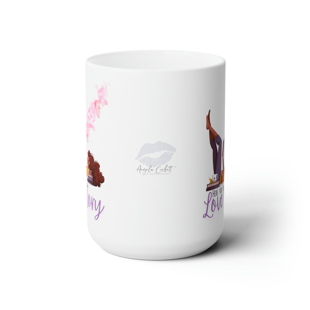 A white ceramic mug with a printed design featuring a character surrounded by pink and purple heart accents, and the text &