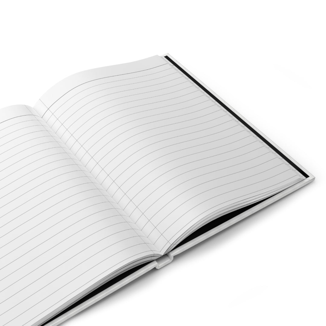 A hardcover journal with a white cover featuring a cartoon illustration of a woman reading a book, with the title &