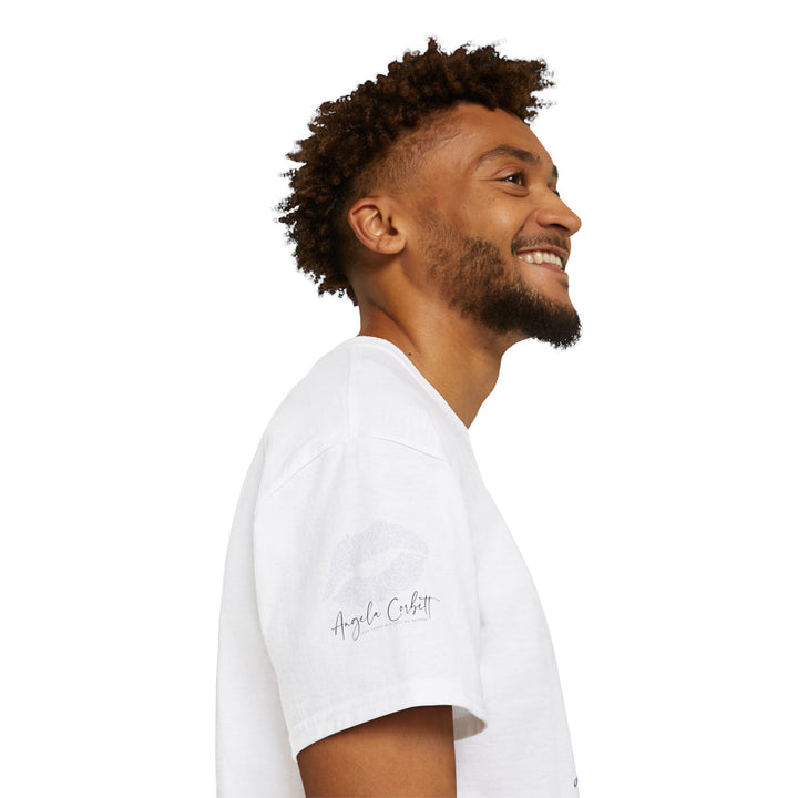 A white crew neck t-shirt with a graphic print and text graphic that reads &