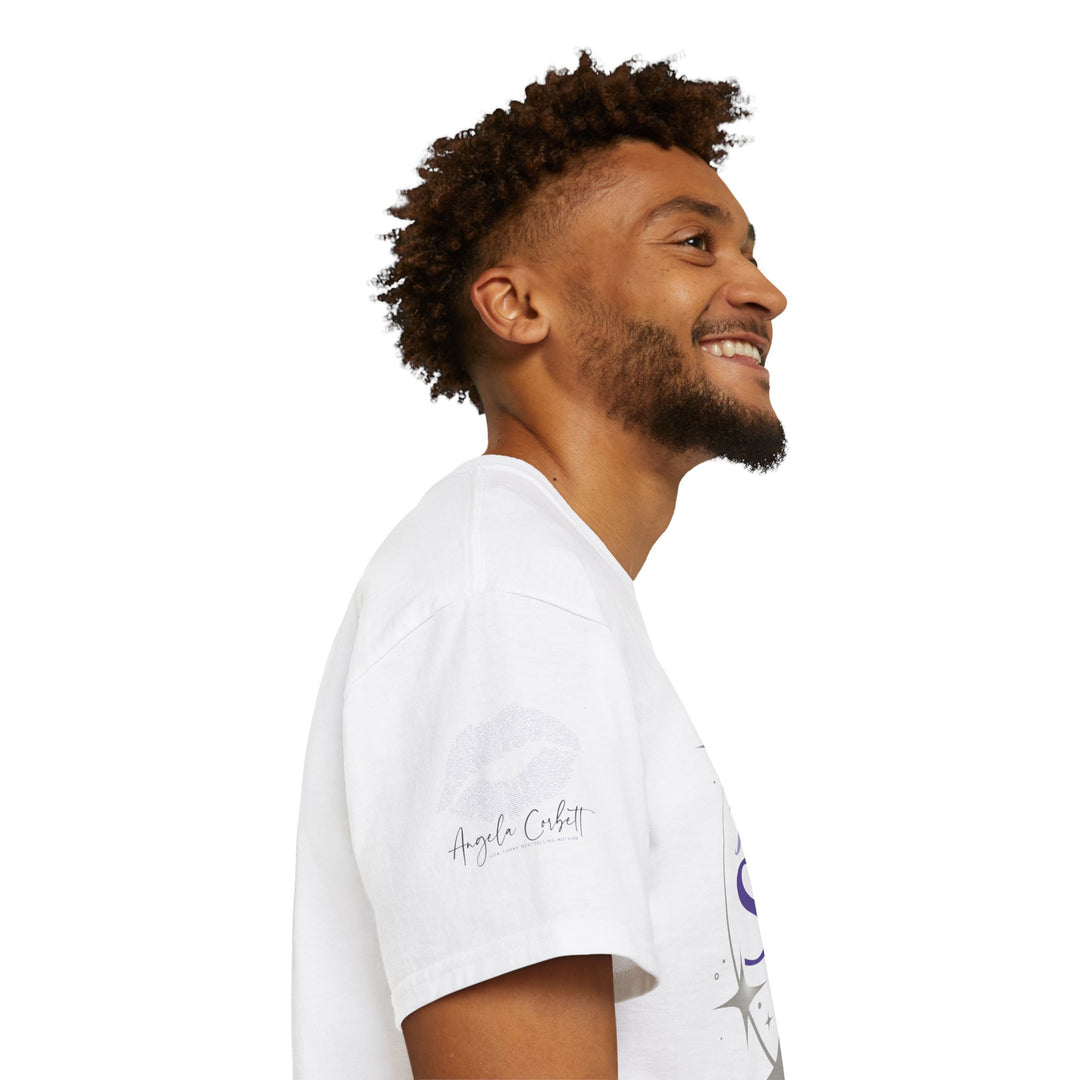 A white crew neck T-shirt with the phrase &