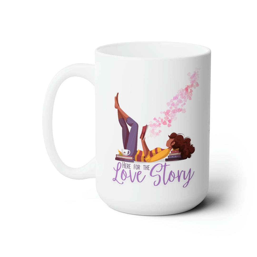 A white ceramic mug with a printed design featuring a character surrounded by pink and purple heart accents, and the text 'Here for the Love Story'.