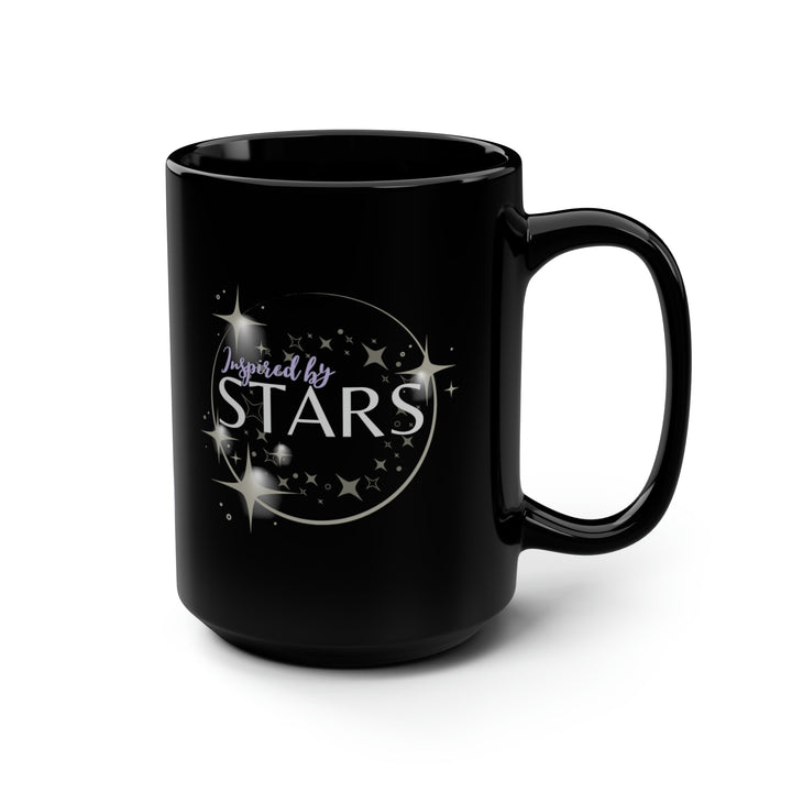 A black ceramic mug with a glossy finish, featuring a design with stars and the text &
