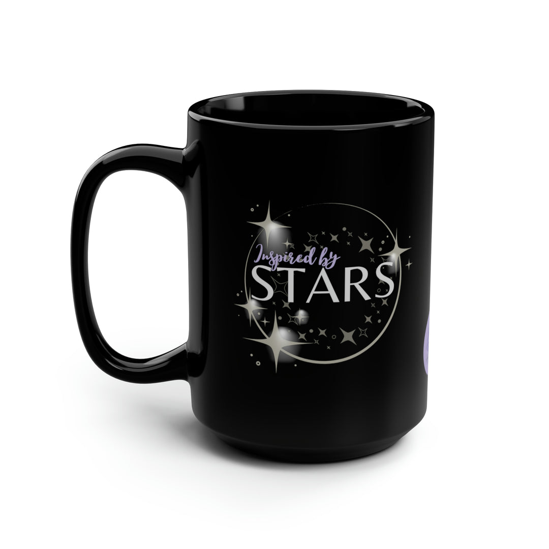 A black ceramic mug with a glossy finish, featuring a design with stars and the text &