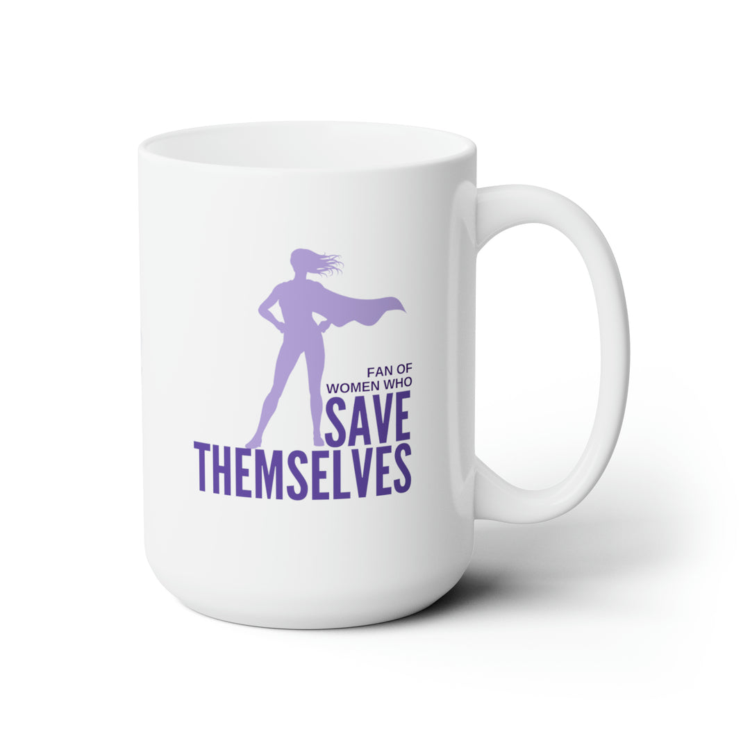 A mug with a purple and white cover featuring a silhouette of a woman superhero and the text 'FAN OF WOMEN WHO SAVE THEMSELVES'.