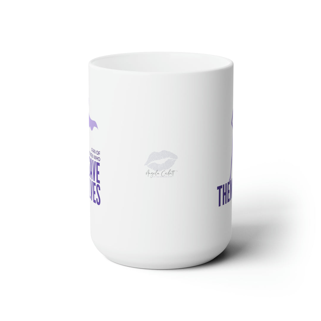 A mug with a purple and white cover featuring a silhouette of a woman superhero and the text &
