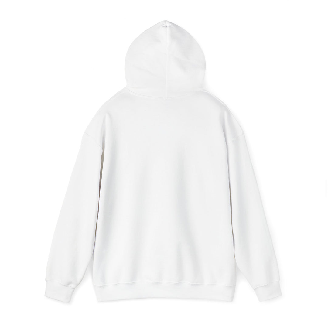 A white unisex heavy blend hoodie with a graphic on the front showing a bean and the text &