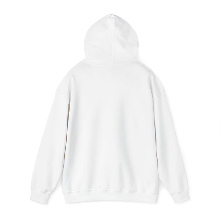 A white unisex heavy blend hoodie with a graphic on the front showing a bean and the text &