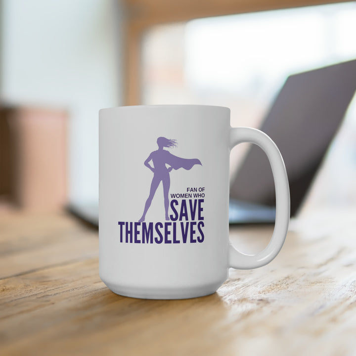 A mug with a purple and white cover featuring a silhouette of a woman superhero and the text &
