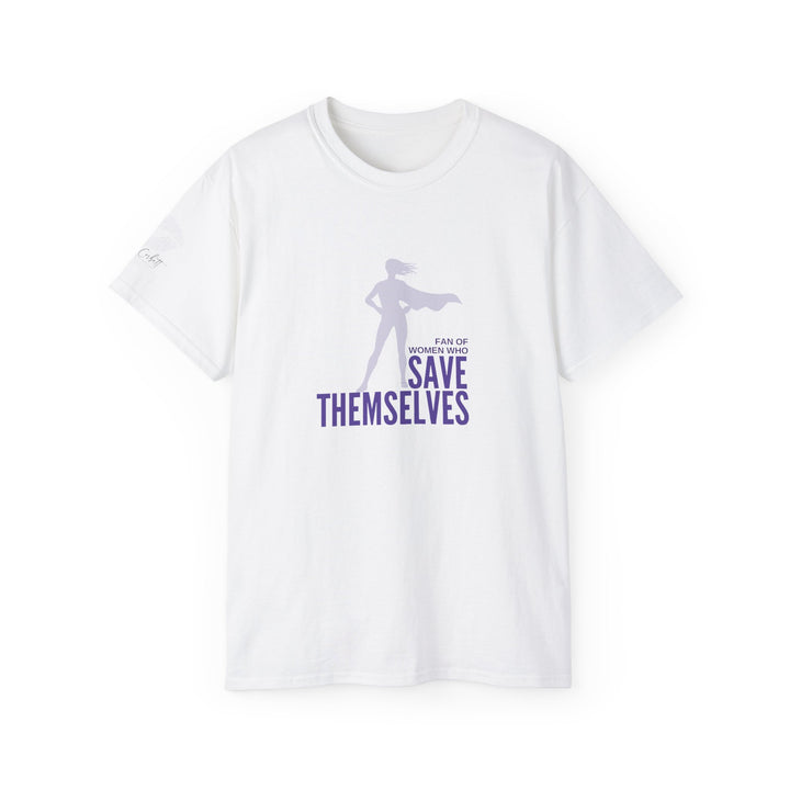 White crew neck t-shirt with a graphic and the text &