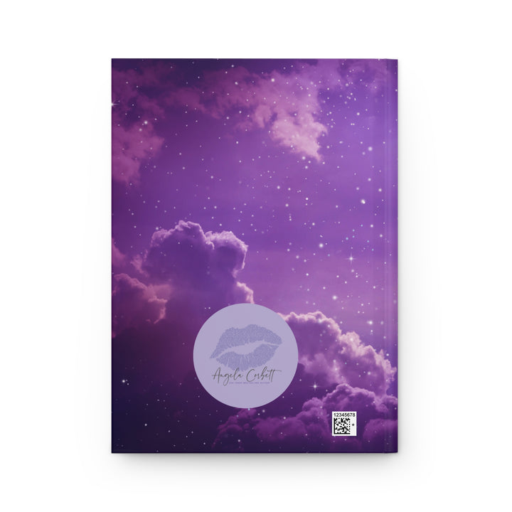 Hardcover journal with a space-themed cover, open to show blank lined pages, with the title &