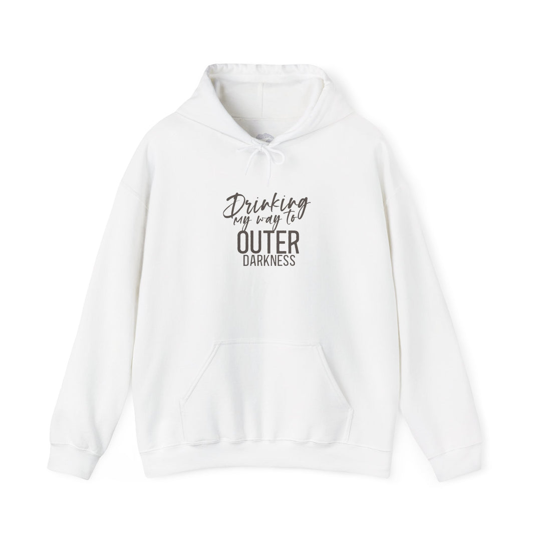 A white unisex heavy blend hoodie with text embroidery on the front, a kangaroo pocket, and a drawcord hood.