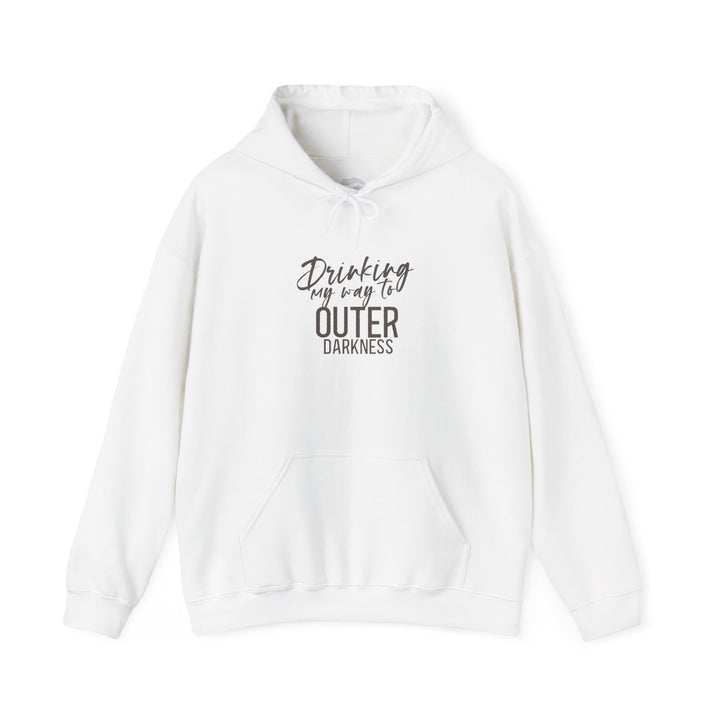 A white unisex heavy blend hoodie with text embroidery on the front, a kangaroo pocket, and a drawcord hood.