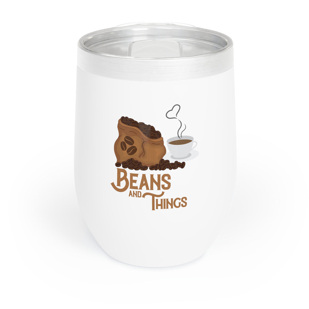 A white stainless steel tumbler with a clear, BPA-free press-on lid featuring a coffee-themed graphic that reads 'BEANS AND THINGS'.