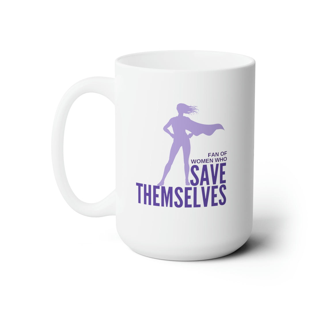 A mug with a purple and white cover featuring a silhouette of a woman superhero and the text &