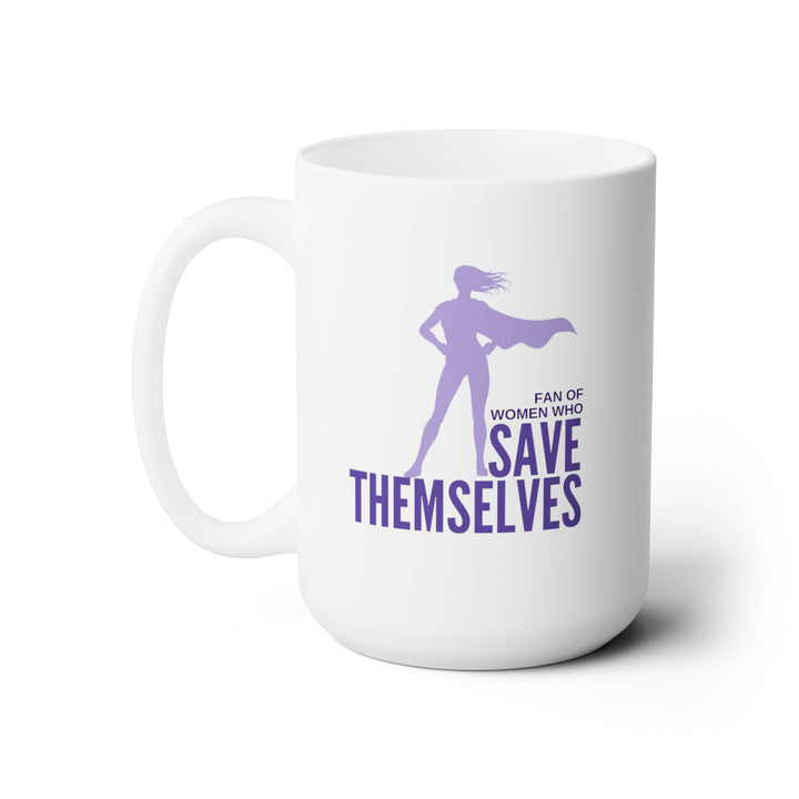 A mug with a purple and white cover featuring a silhouette of a woman superhero and the text &