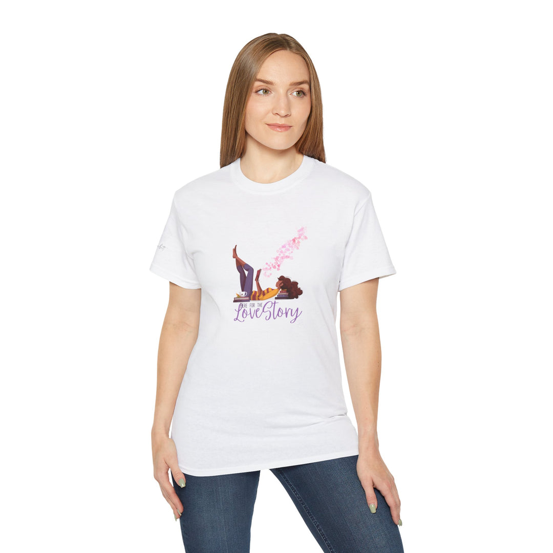 A white crew neck t-shirt with a graphic print and text graphic that reads &