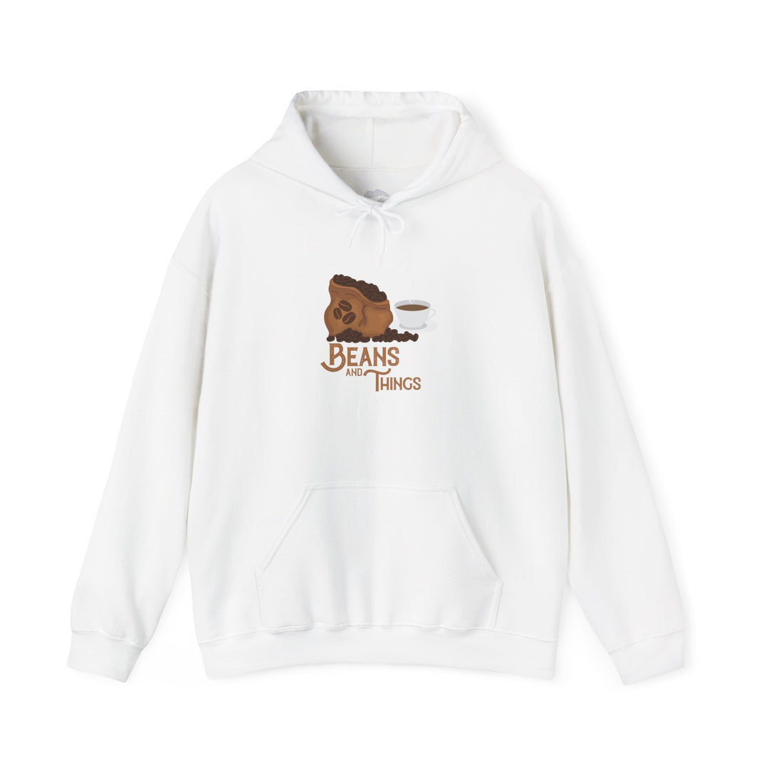 A white unisex heavy blend hoodie with a graphic on the front showing a bean and the text 'BEANS AND THINGS'.