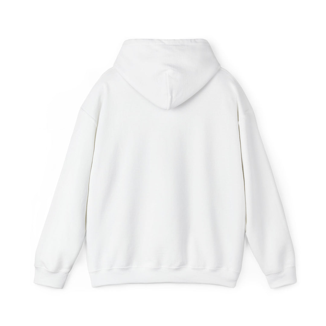 A white unisex heavy blend hoodie with a graphic on the front showing a bean and the text &