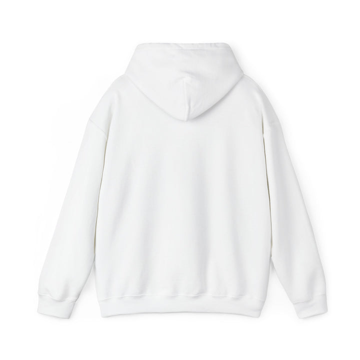 A white unisex heavy blend hoodie with a graphic on the front showing a bean and the text &