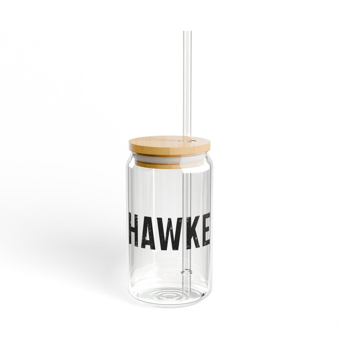 Clear tumbler with wooden lid and straw, featuring the word &