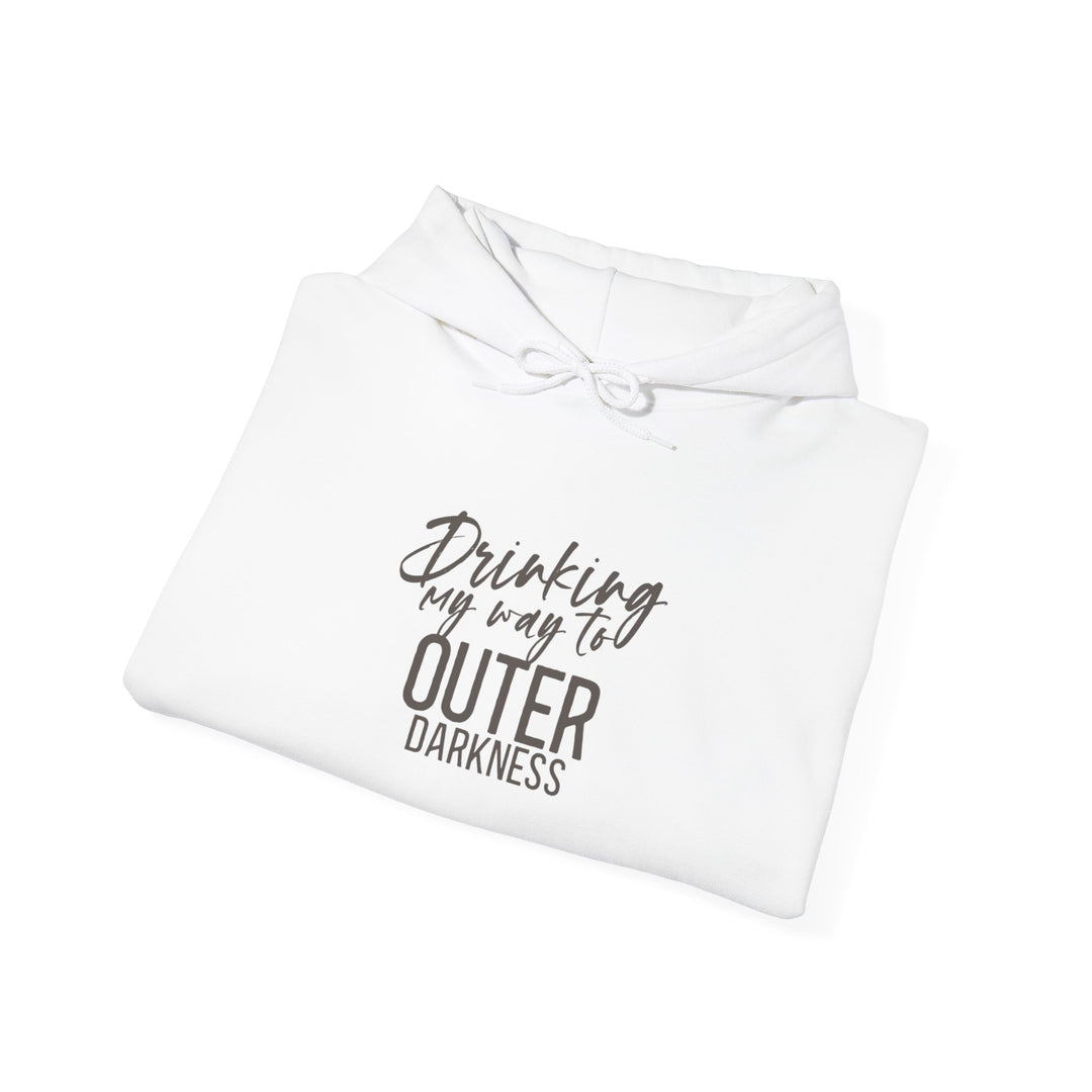 A white unisex heavy blend hoodie with text embroidery on the front, a kangaroo pocket, and a drawcord hood.