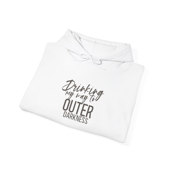 A white unisex heavy blend hoodie with text embroidery on the front, a kangaroo pocket, and a drawcord hood.