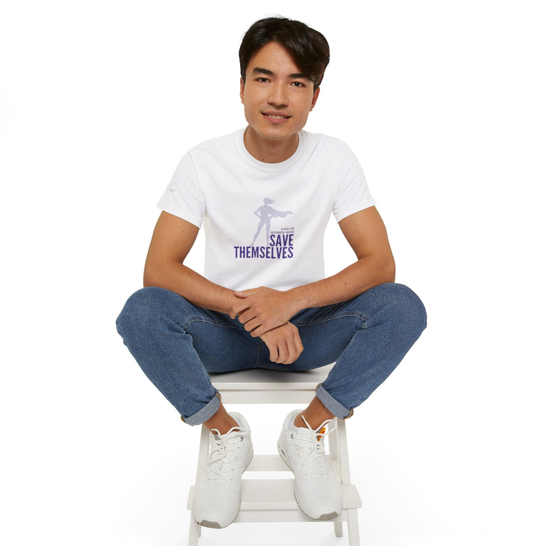 White crew neck t-shirt with a graphic and the text &