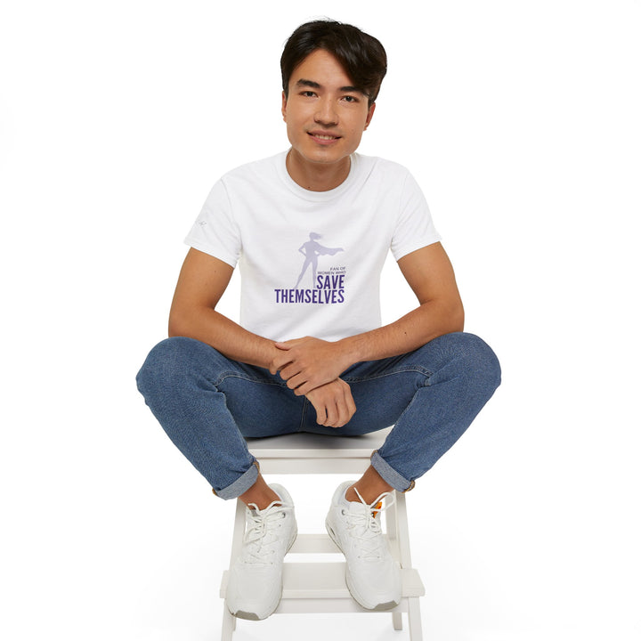White crew neck t-shirt with a graphic and the text &