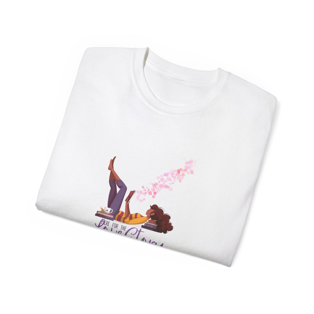 A white crew neck t-shirt with a graphic print and text graphic that reads &