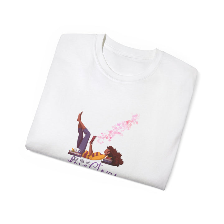 A white crew neck t-shirt with a graphic print and text graphic that reads &