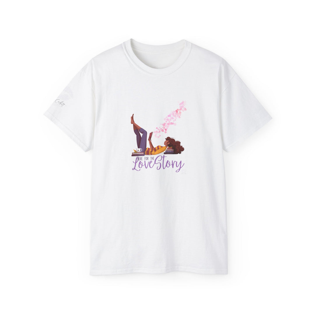 A white crew neck t-shirt with a graphic print and text graphic that reads 'Here for the Love Story'.