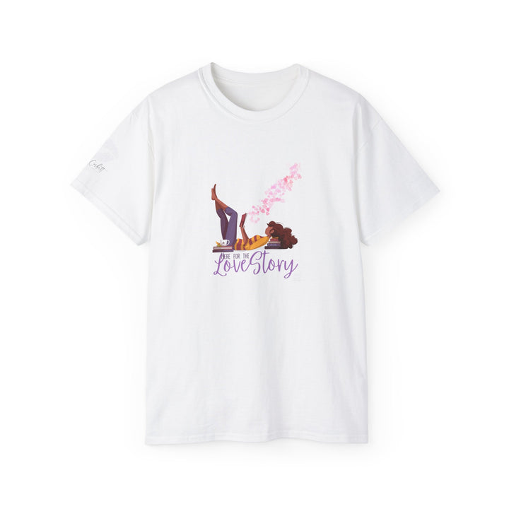 A white crew neck t-shirt with a graphic print and text graphic that reads &
