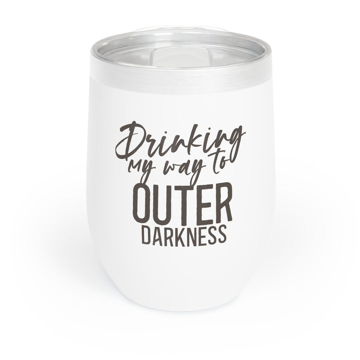 A stainless steel wine tumbler with a clear, BPA-free press-on lid featuring the text &