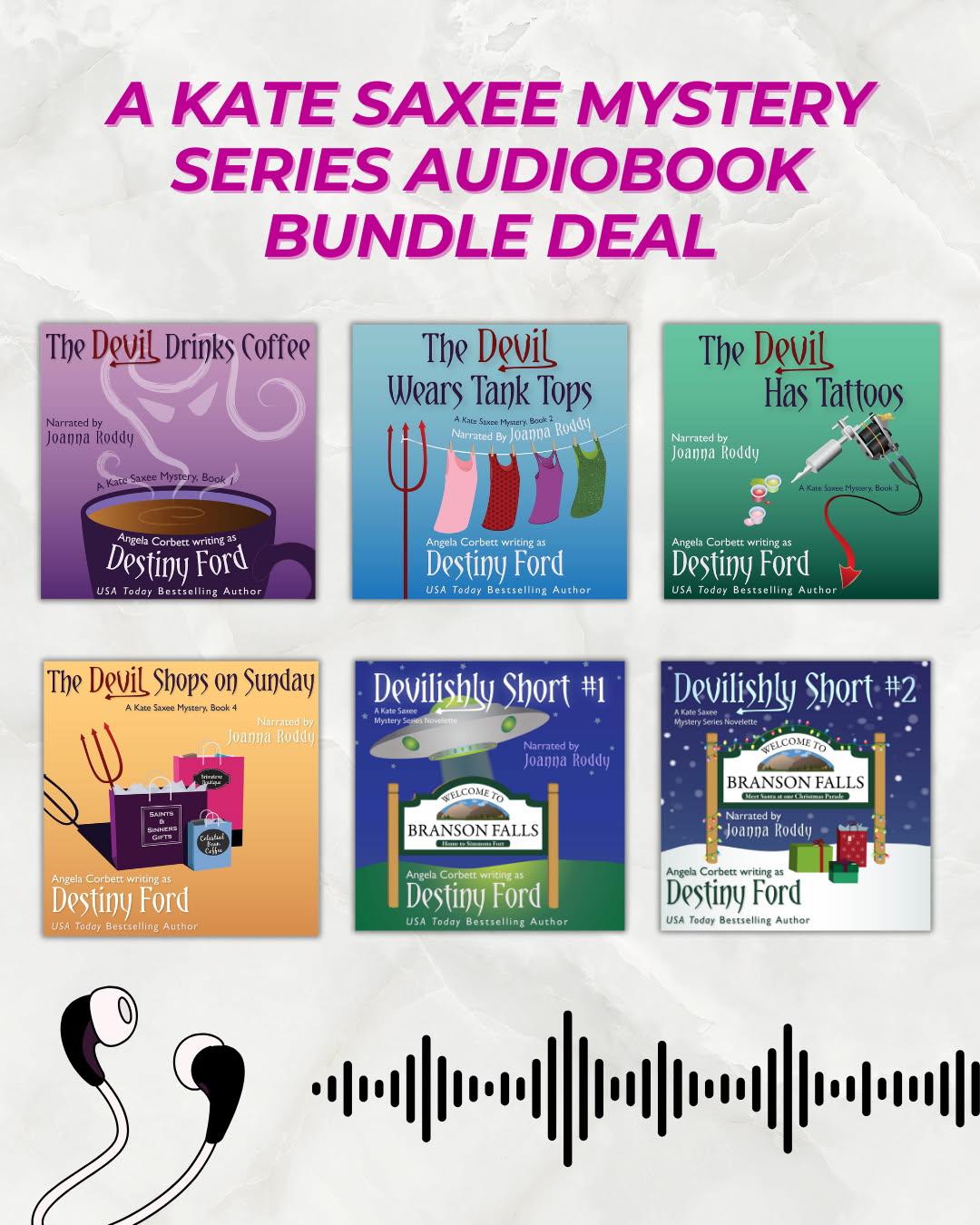 Audiobook bundle deal for a Kate Saxee Mystery Series with colorful covers and text.