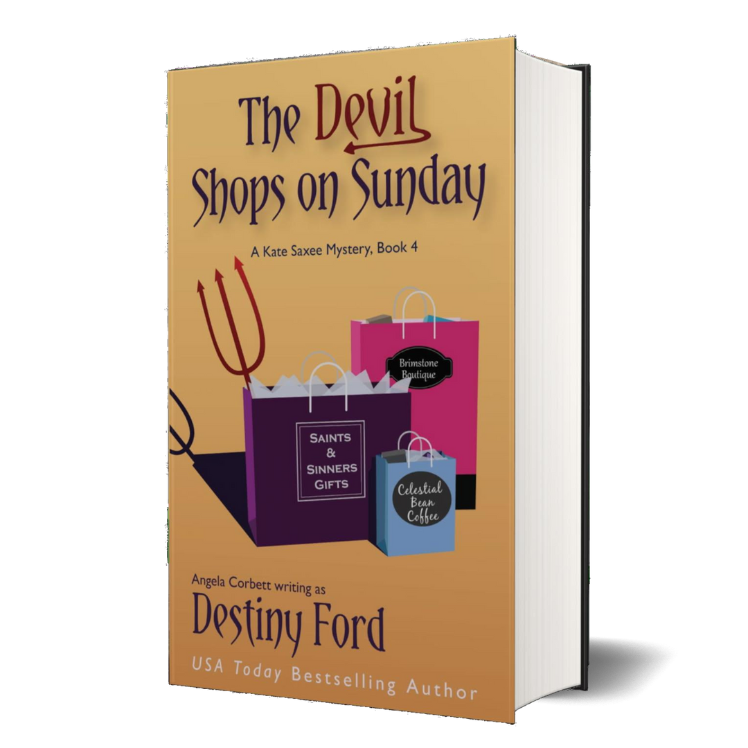 Book cover of 'The Devil Shops on Sunday' by Destiny Ford with shopping bags and trident illustration.