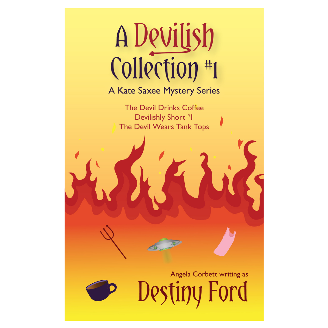 Cover of 'A Devilish Collection #1' featuring illustrations of a coffee cup, a fork, and a slice of pizza, with flames in the background, indicating a humorous or playful tone.
