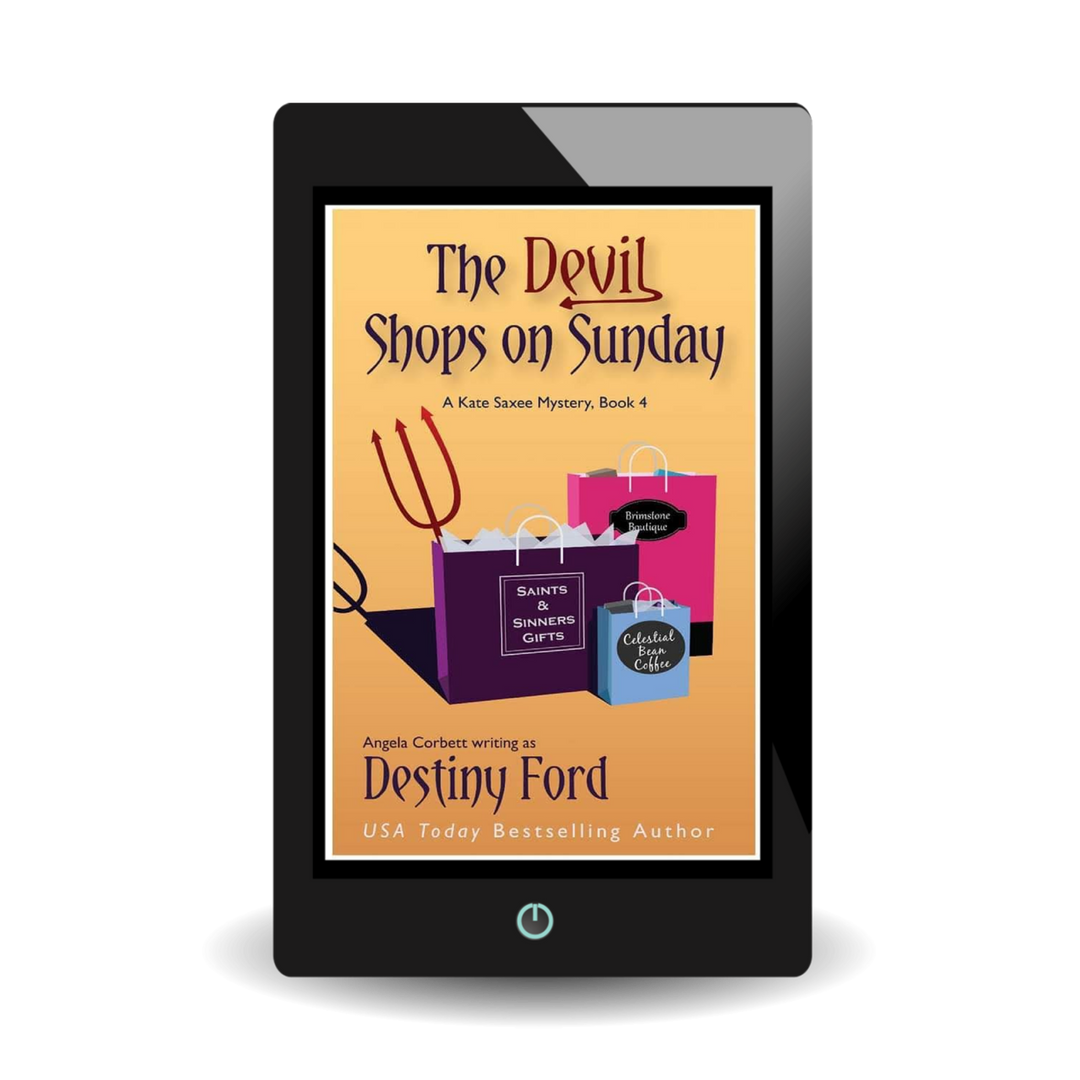 Ebook cover of 'The Devil Shops on Sunday' featuring a shopping bag with a devilish grin and the text 'A Kate Saxee Mystery Series, Book 4' by Destiny Ford, a USA Today Bestselling Author.