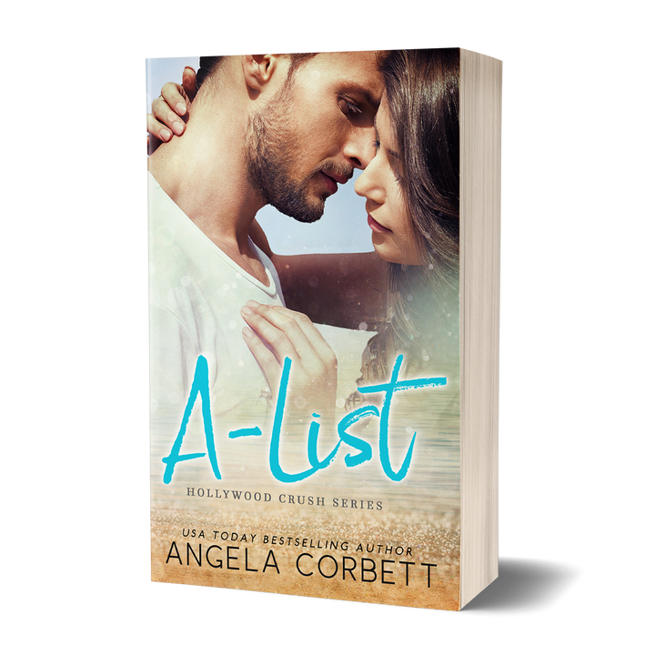 This image features the cover of "A-List, Hollywood Crush Series (Book 1)" by Angela Corbett, a USA Today bestselling author. The cover depicts a romantic scene with the main characters in a tender embrace.