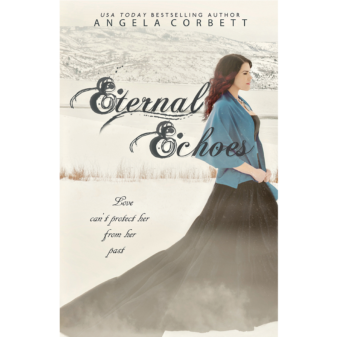 Cover of the eBook 'Eternal Echoes, Emblem of Eternity Trilogy Book 2' featuring a woman in a blue dress with a scenic snowy backdrop. The book is written by Angela Corbett.