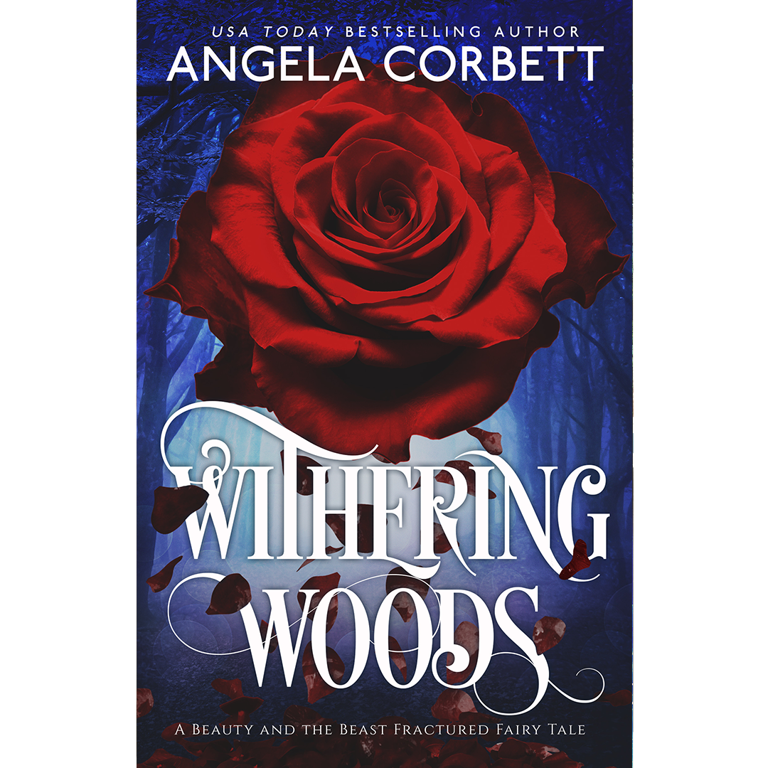 Cover of the book 'Withering Woods' featuring a red rose with a blurred forest background, indicating a fantasy or fairy tale theme.